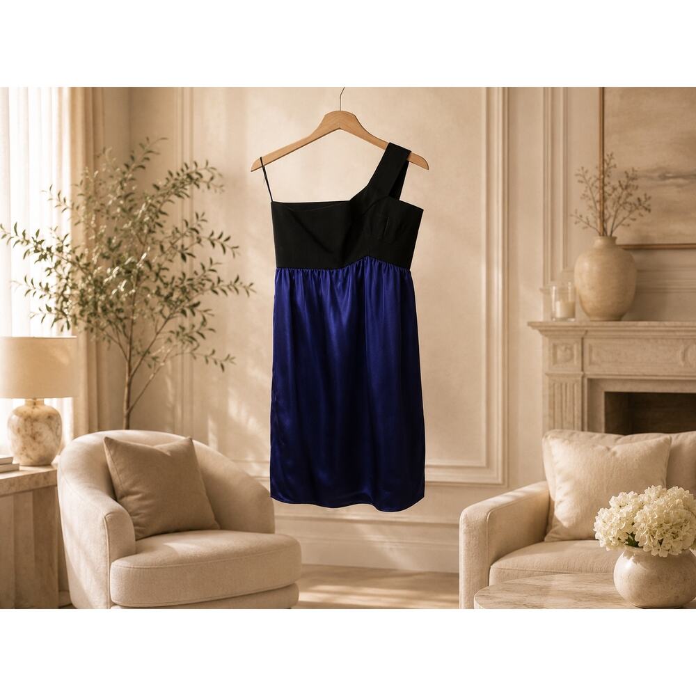 MSSP Max Studio Silk One Shoulder Dress Blue Black Colorblock Cocktail Medium